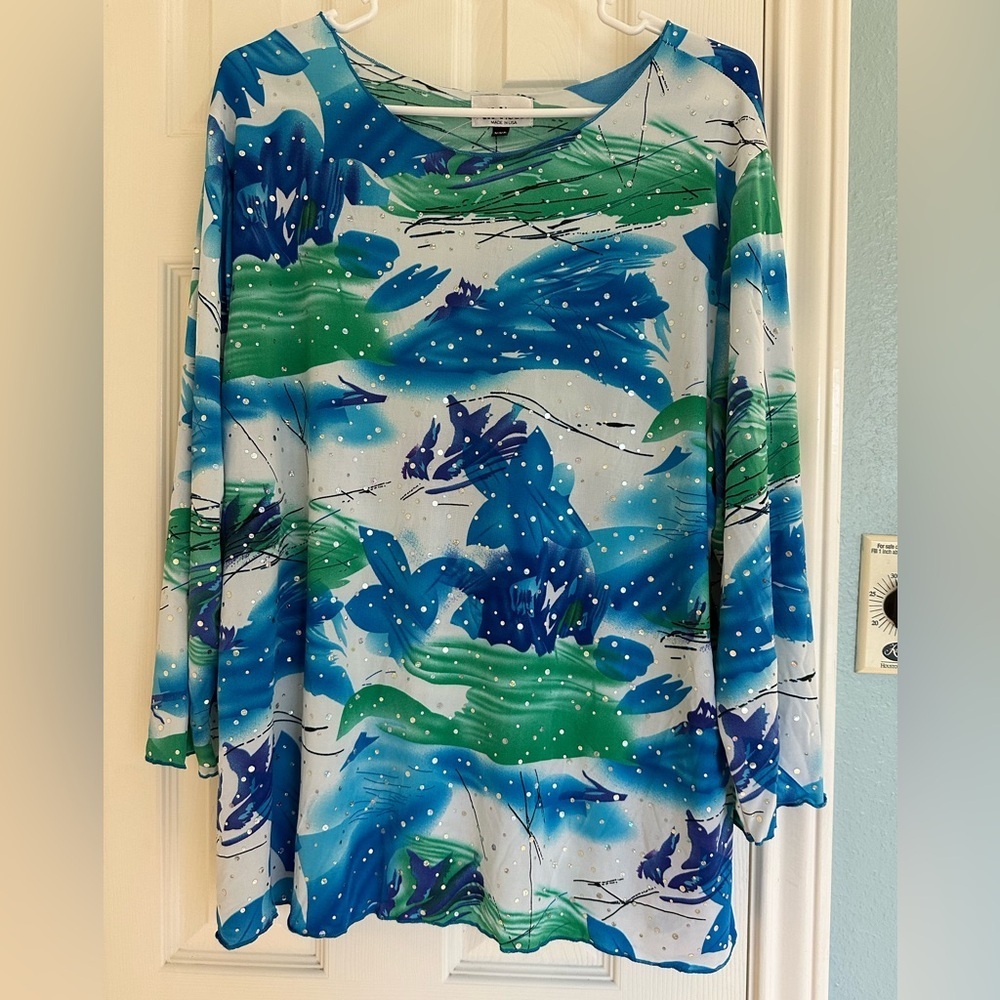 Vintage All Hours Blue Green Abstract Women's Top size XXL Sequins Made in USA